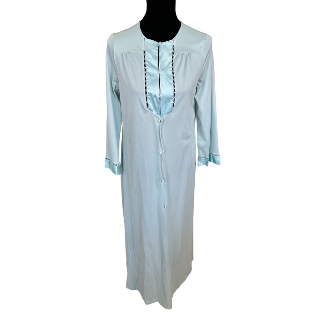 Vtg Womens Mint Green Long Sleeve Nightgown Robe Full Button Medium Nylon 80s